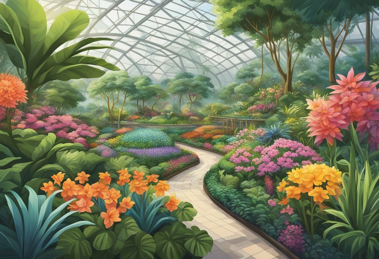 Lush greenery and vibrant flowers fill the expansive space of the Flower Dome in Singapore, creating a colorful and serene atmosphere for visitors to explore