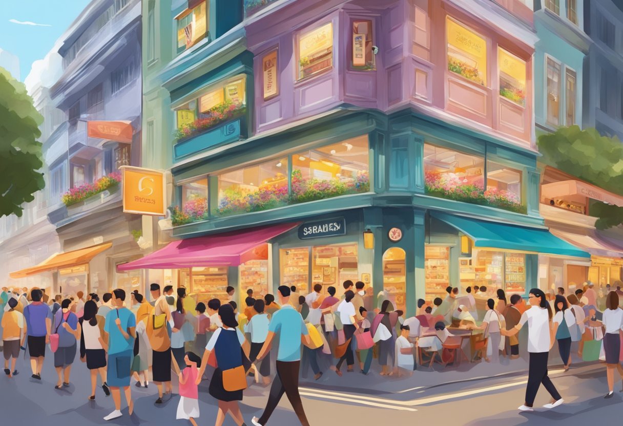 A bustling Singapore street with colorful signs and bustling crowds, capturing the energy and excitement of Cédric Grolet's acclaimed pastry shop