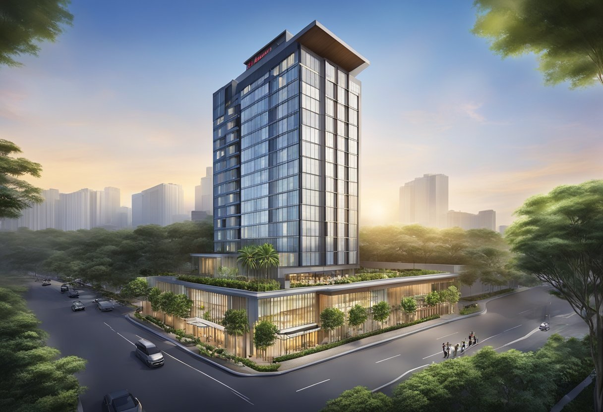 The Hilton Garden Inn Singapore Serangoon features a modern and sleek exterior with a vibrant cityscape backdrop. The hotel's logo is prominently displayed on the building's facade, and lush greenery surrounds the entrance, creating a welcoming and luxurious atmosphere