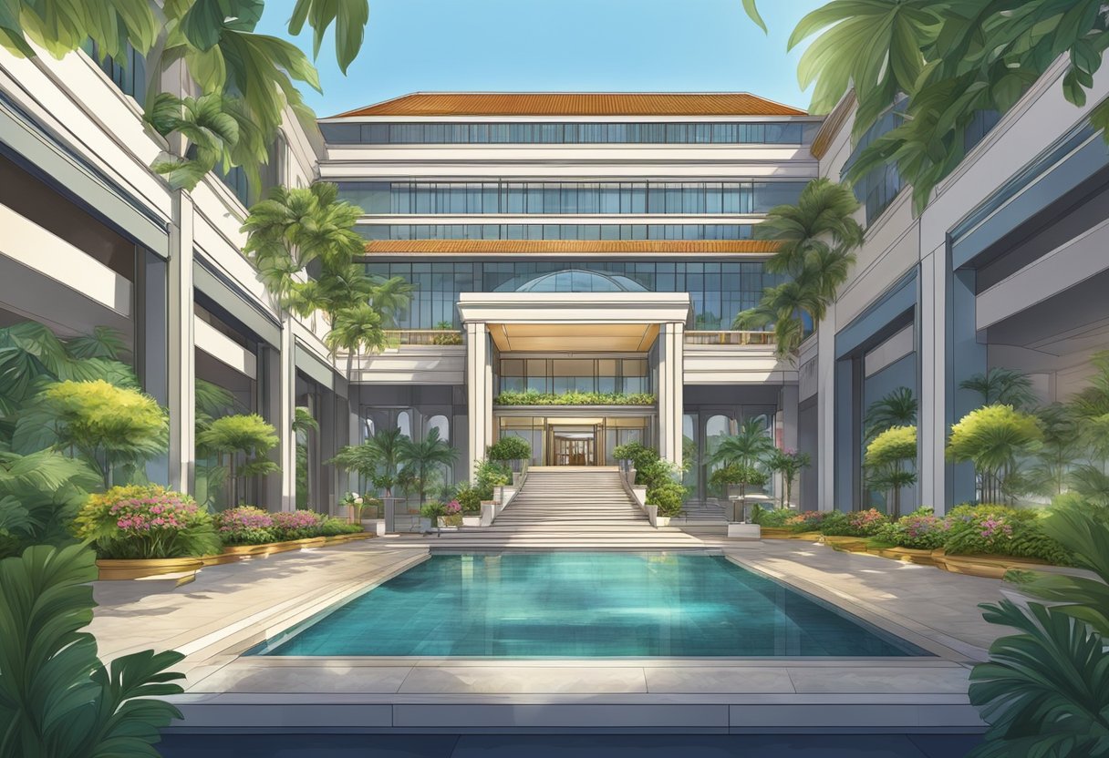 A luxurious 5-star hotel in Singapore, featuring modern architecture and lush landscaping, with a grand entrance and opulent lobby