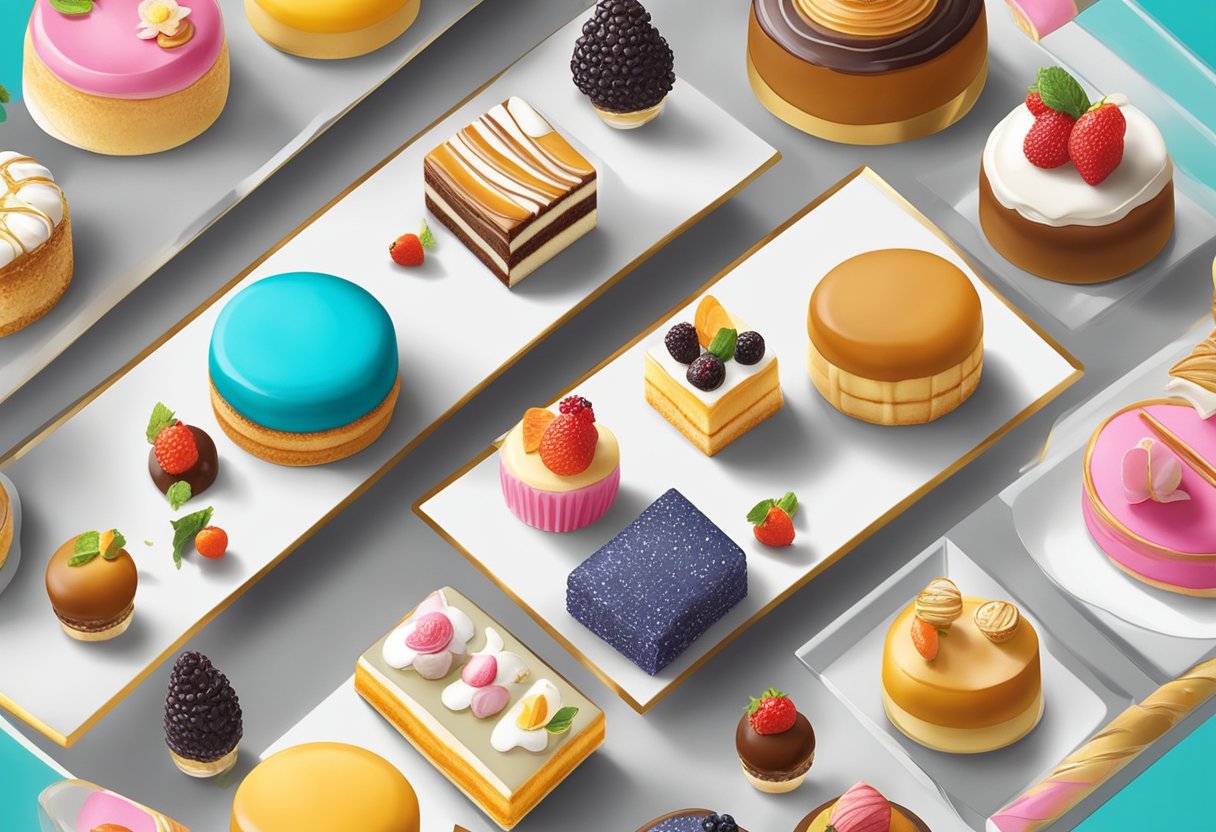 A display of Cédric Grolet's exquisite pastries and desserts, arranged on elegant platters with intricate designs and vibrant colors, creating a visually stunning and tempting patisserie experience