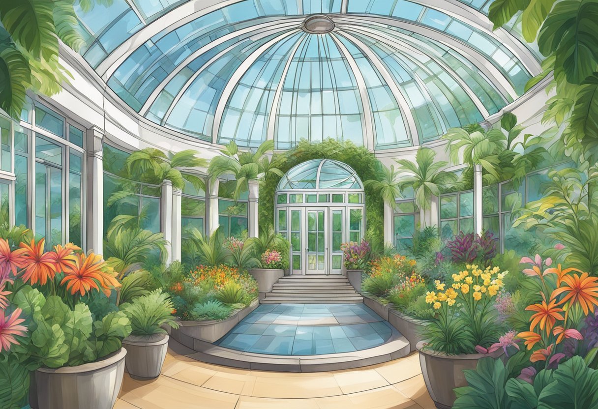 Lush greenery surrounds a glass dome, with vibrant flowers and exotic plants on display. A sign reads "Visitor Information" in front