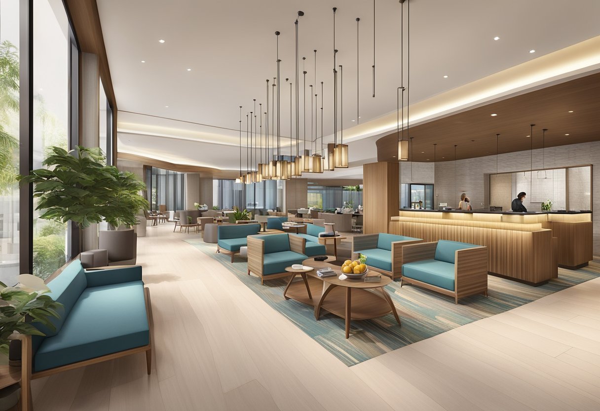 The lobby of Hilton Garden Inn Singapore Serangoon features modern furnishings, a cozy lounge area, and a sleek check-in counter. The amenities include a fitness center, outdoor pool, and a restaurant offering international cuisine