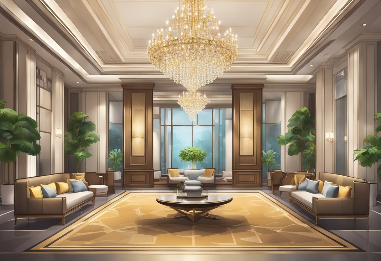 A luxurious hotel lobby in Singapore, with elegant furnishings and a grand chandelier. A concierge desk and a display of brochures for tourist attractions