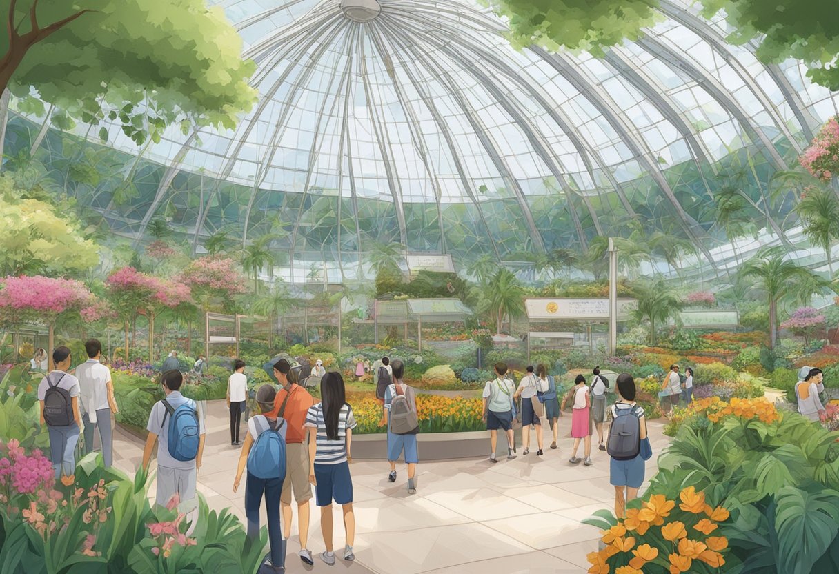 The bustling Flower Dome in Singapore, filled with visitors seeking information and guidance from the Frequently Asked Questions section