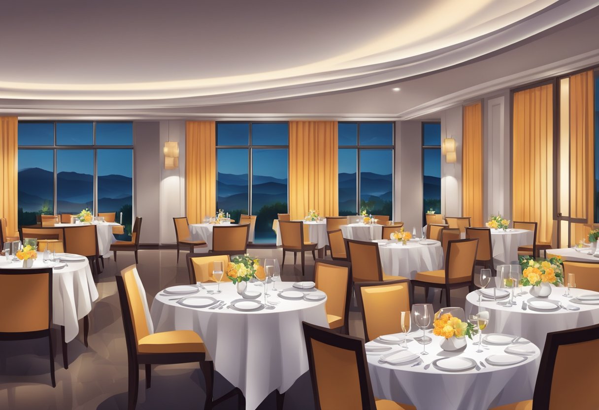 A table set with fine dining ware and a vibrant centerpiece, surrounded by comfortable chairs and soft lighting in a modern hotel restaurant