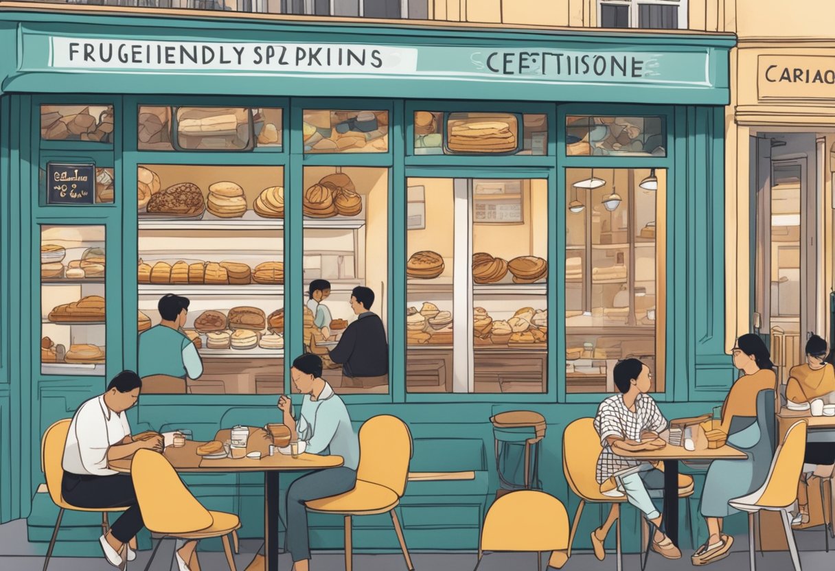A bustling cafe with customers reading and chatting, a display of pastries and a sign reading "Frequently Asked Questions cédric grolet singapore reviews" prominently featured