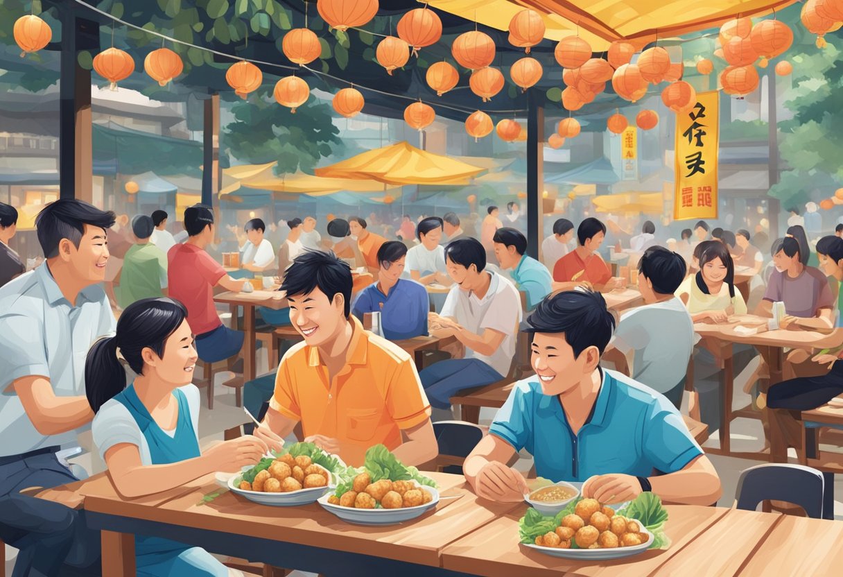 Customers enjoying Yong Peng fish ball, smiling and chatting at outdoor tables, surrounded by colorful banners and a bustling atmosphere