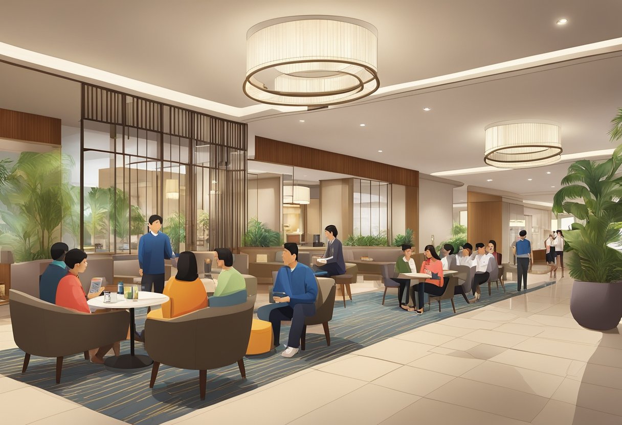 The lobby of Hilton Garden Inn Singapore Serangoon bustling with guests seeking information from the front desk, while others relax in the comfortable seating areas. The modern decor and warm lighting create a welcoming atmosphere