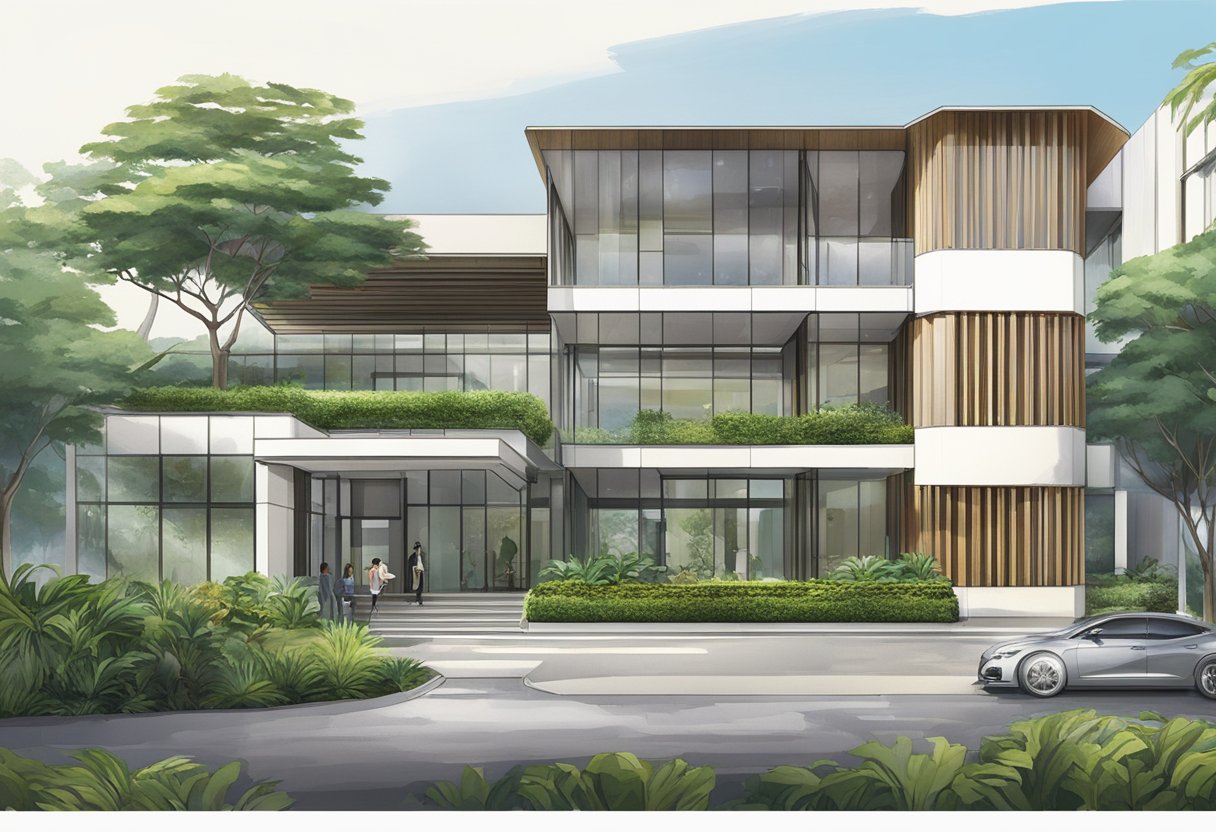 Napier Road, Gleneagles Hospital, Singapore: A modern building with lush greenery, a driveway, and a prominent entrance