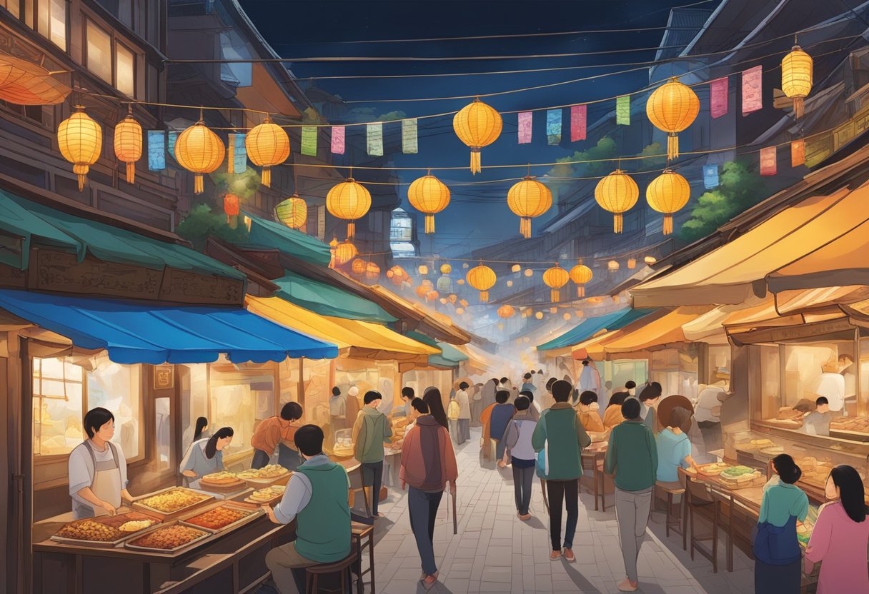 The bustling street is lined with colorful food stalls, emitting tantalizing aromas of sizzling noodles and fragrant spices. Customers eagerly sample a variety of culinary delights, from steaming dumplings to crispy seafood