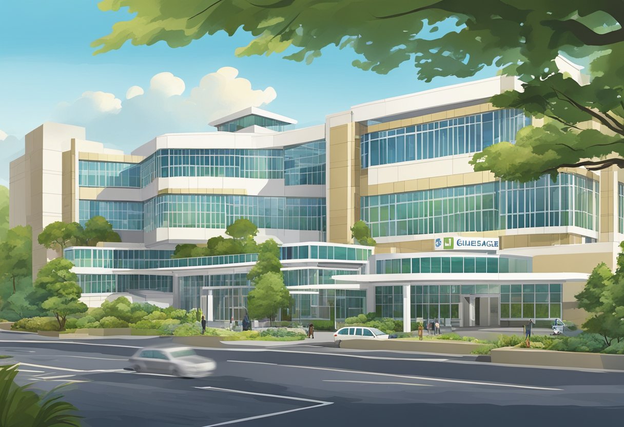 The hospital overlooks Napier Road, with the Gleneagles Hospital sign prominently displayed. The modern building stands tall against the city skyline, surrounded by lush greenery