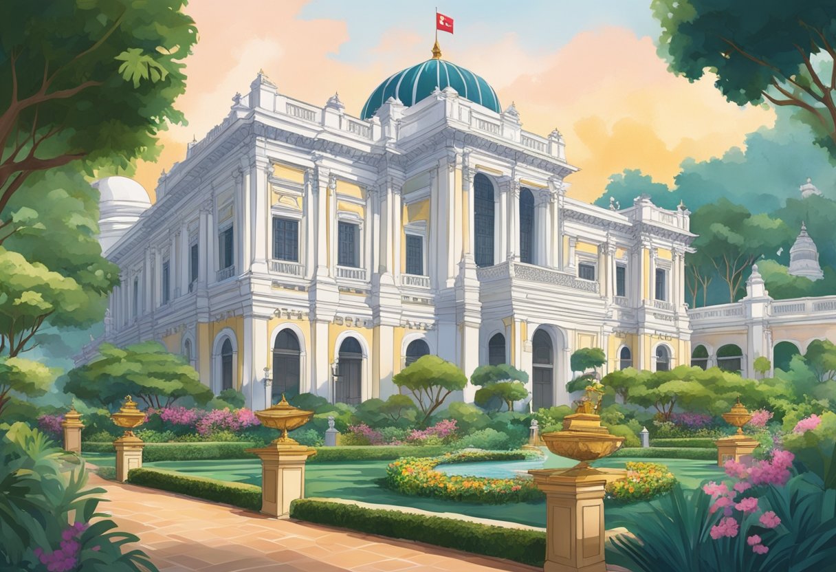 Lush gardens, grand architecture, and historical landmarks fill the Istana Grounds during Singapore's open house. Vibrant colors and intricate details bring the scene to life
