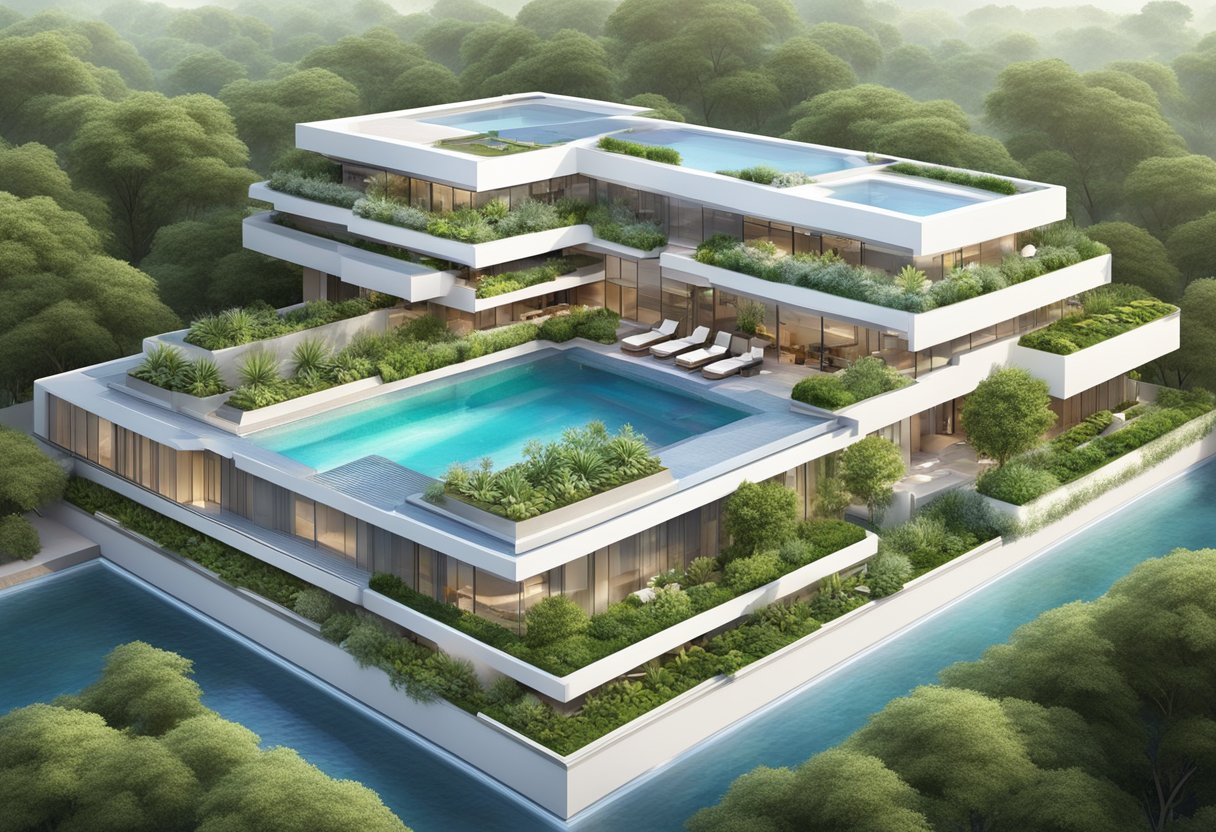 Lush greenery surrounds a modern hotel with tiered terraces and a rooftop garden. A sleek pool reflects the striking architecture, while a serene spa offers relaxation