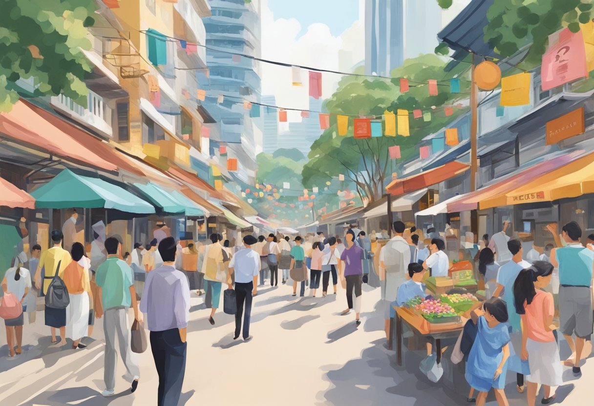 A bustling street in Singapore, with colorful signs and people milling about, with a prominent sign reading "Frequently Asked Questions" on Liang Seah Street