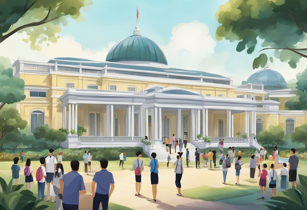 The Istana Singapore open house scene buzzes with visitors asking questions, exploring the grounds, and admiring the grand architecture