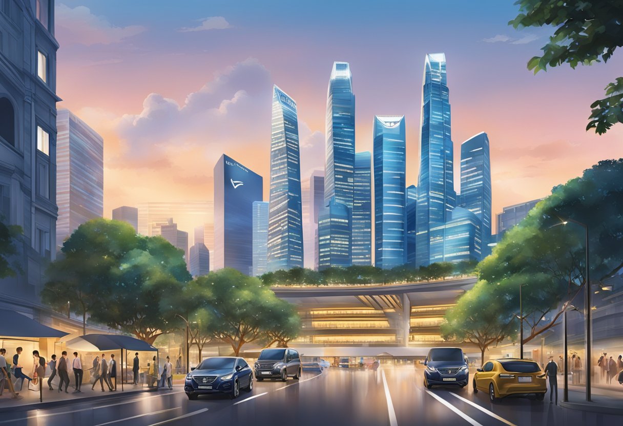 A bustling cityscape with iconic Singapore landmarks in the background, showcasing the vibrant energy and modern elegance of Longines in Singapore
