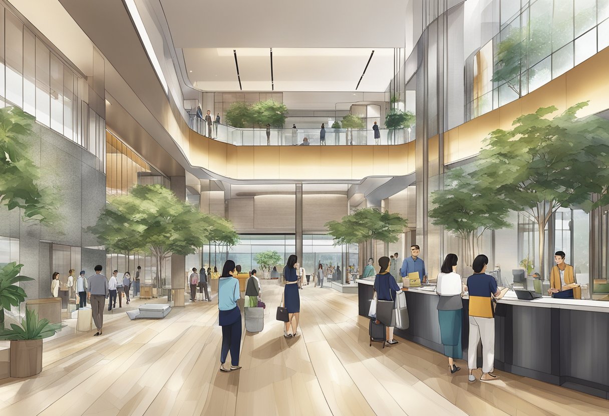 The bustling lobby of Parkroyal Collection Pickering, Singapore, with guests checking in, staff assisting, and a prominent "Frequently Asked Questions" area