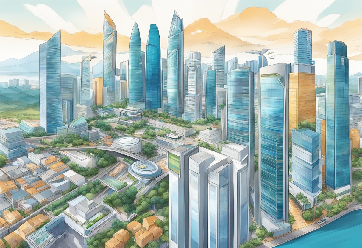 A bustling cityscape with iconic landmarks and modern architecture, showcasing the vibrant energy and urban sophistication of Nuskin Singapore