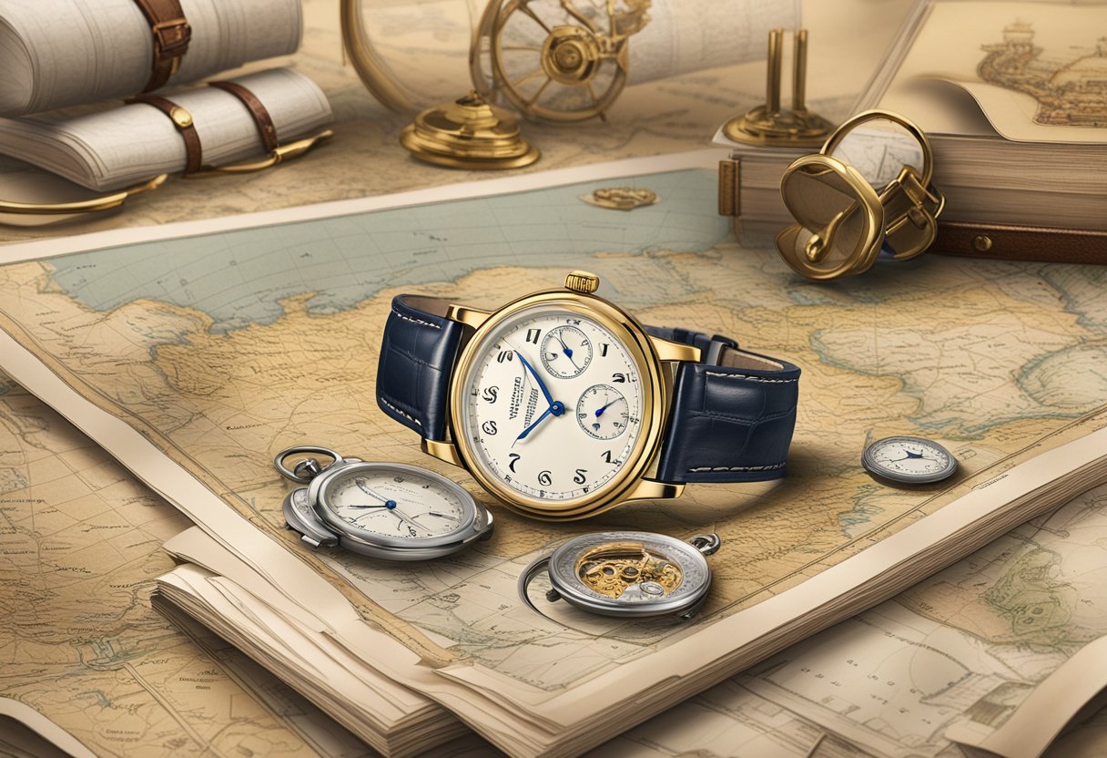 A vintage Longines watch sits atop an antique map, surrounded by historical artifacts and documents. The scene exudes a sense of exploration and discovery, hinting at the brand's rich heritage