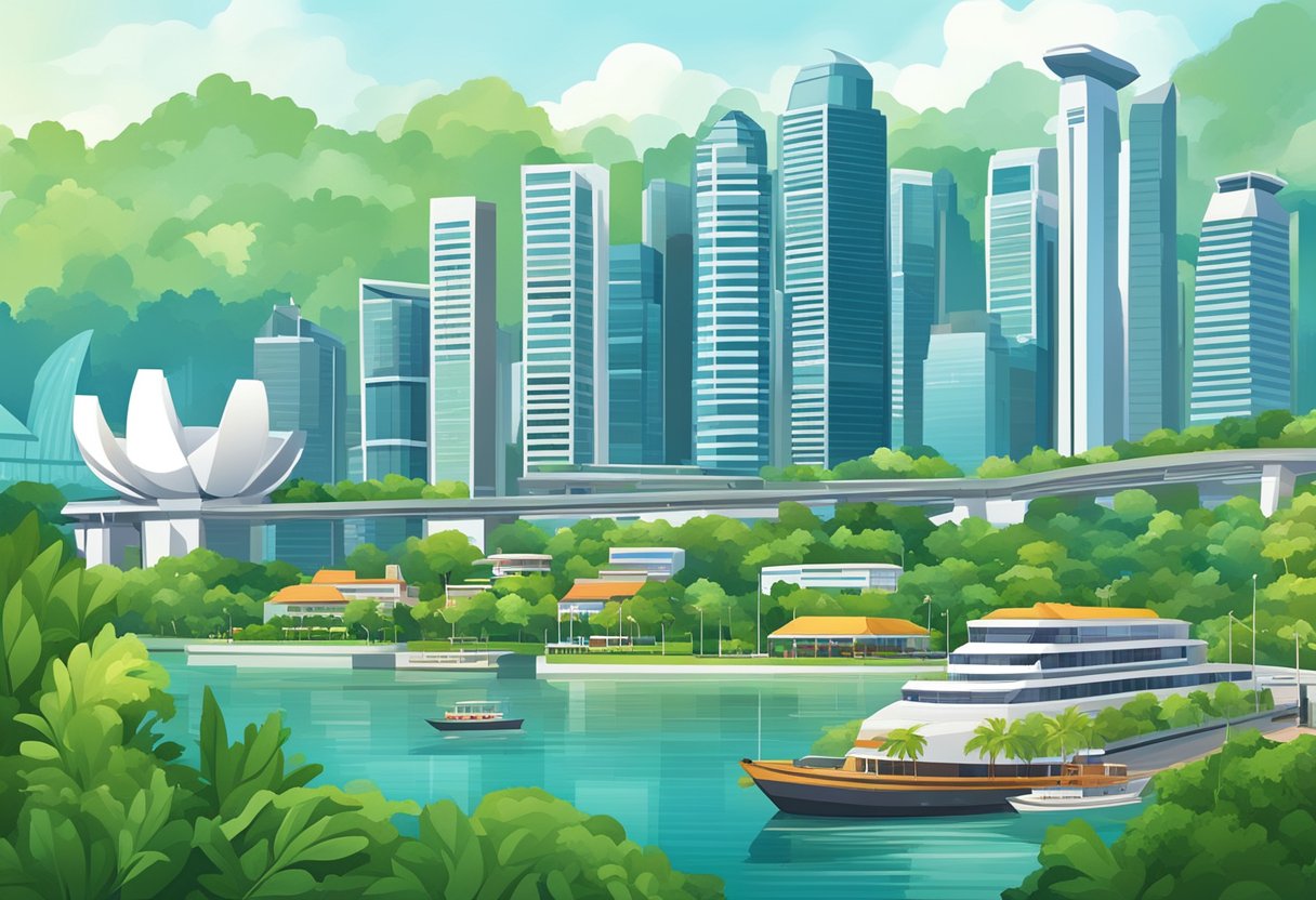 Vibrant cityscape of Singapore's iconic landmarks and modern skyscrapers against a backdrop of lush greenery and a bustling harbor