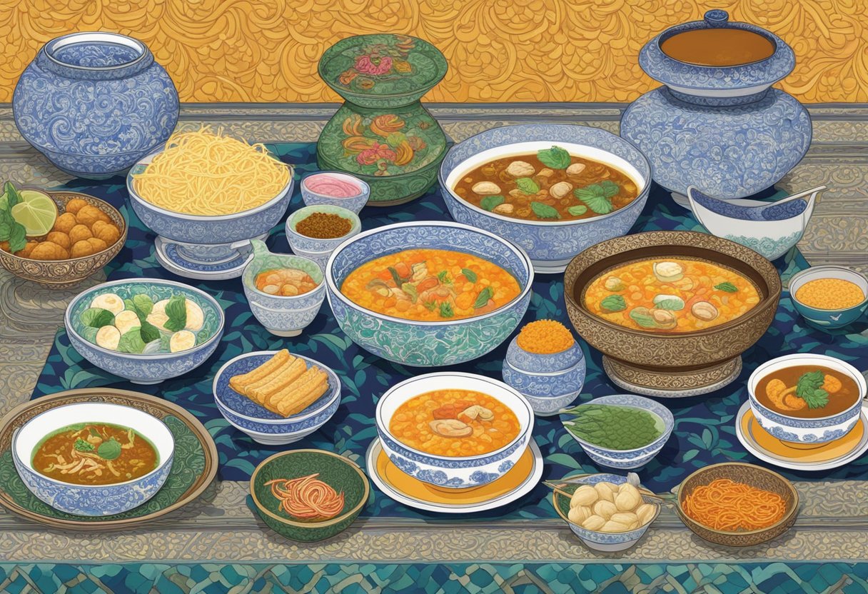 A table set with vibrant Peranakan dishes, including laksa, kueh, and nyonya kuih, surrounded by intricate batik tablecloth and traditional porcelain ware