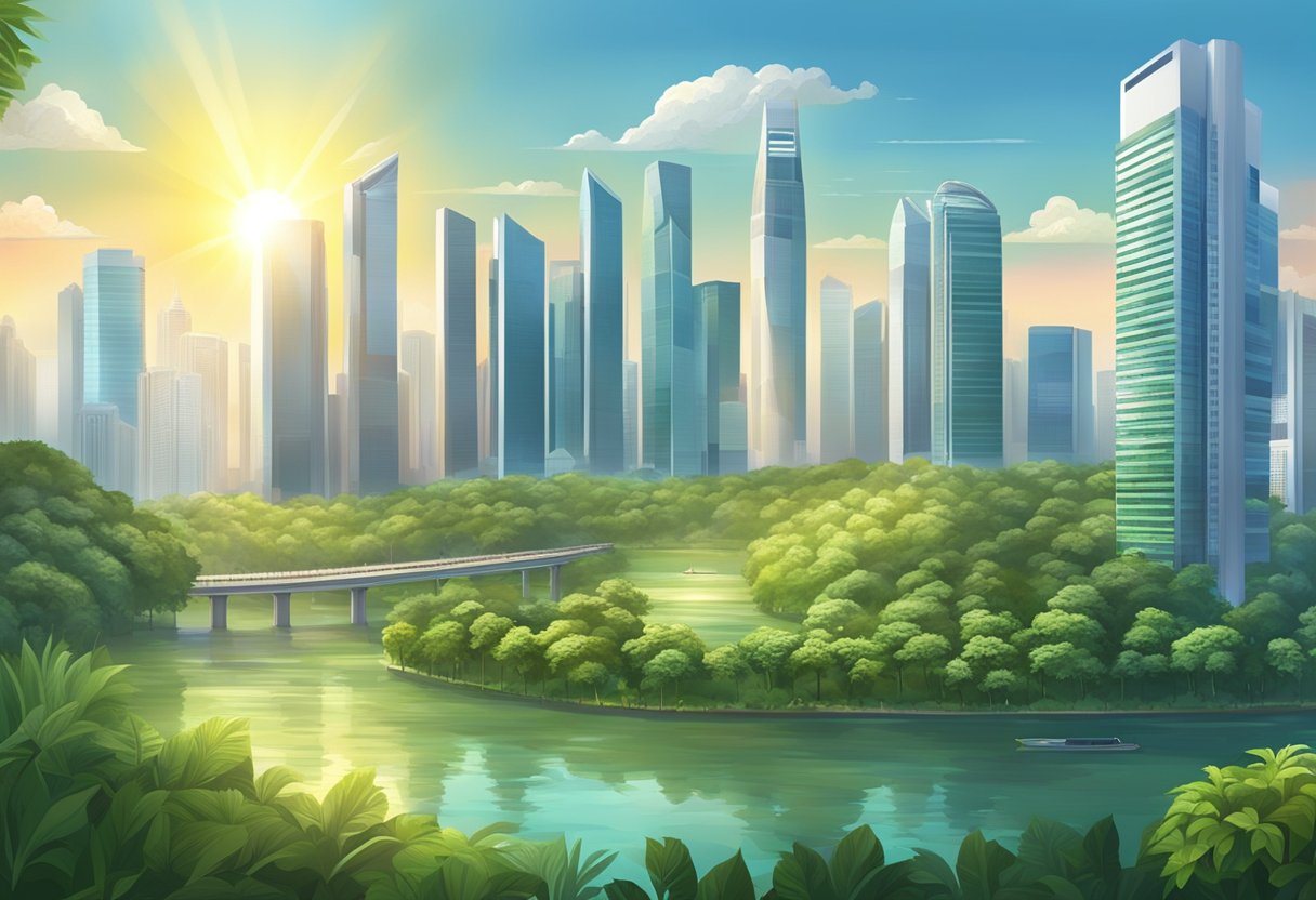 The sun shines brightly over Singapore as the temperature hovers around 30 degrees Celsius. Skyscrapers and lush greenery fill the landscape