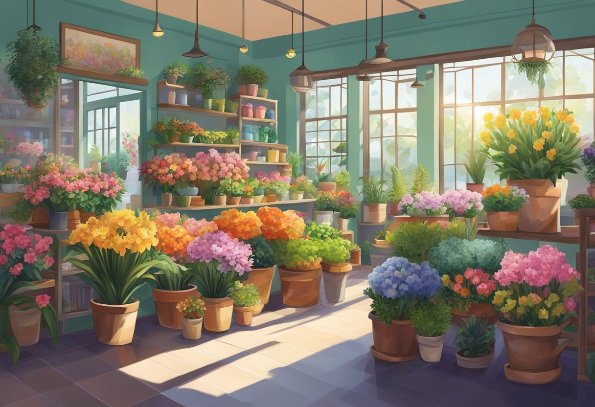 Lush, vibrant blooms fill the quaint Singapore flower shop, arranged in colorful bouquets and potted plants, with sunlight streaming through the large windows