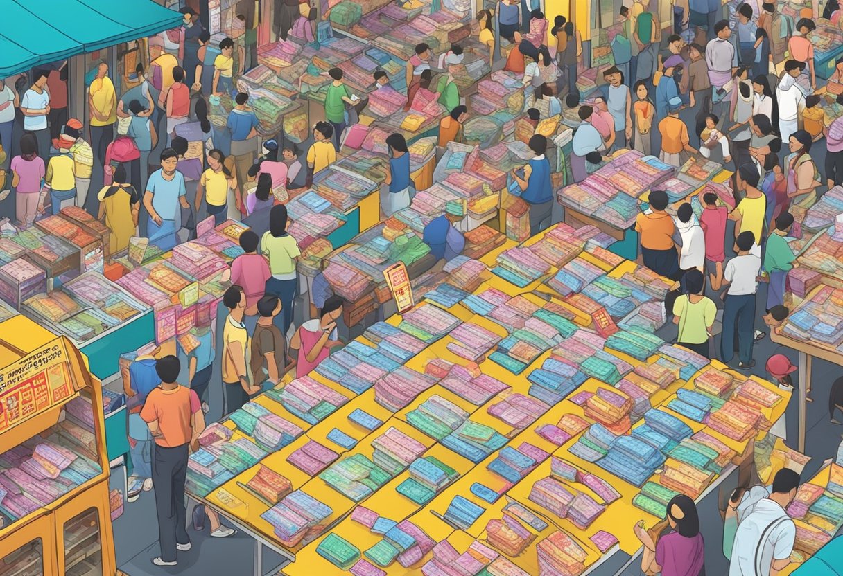 A colorful array of lottery tickets scattered across a vibrant street market in Singapore, with eager customers eagerly purchasing their chances at the big sweep