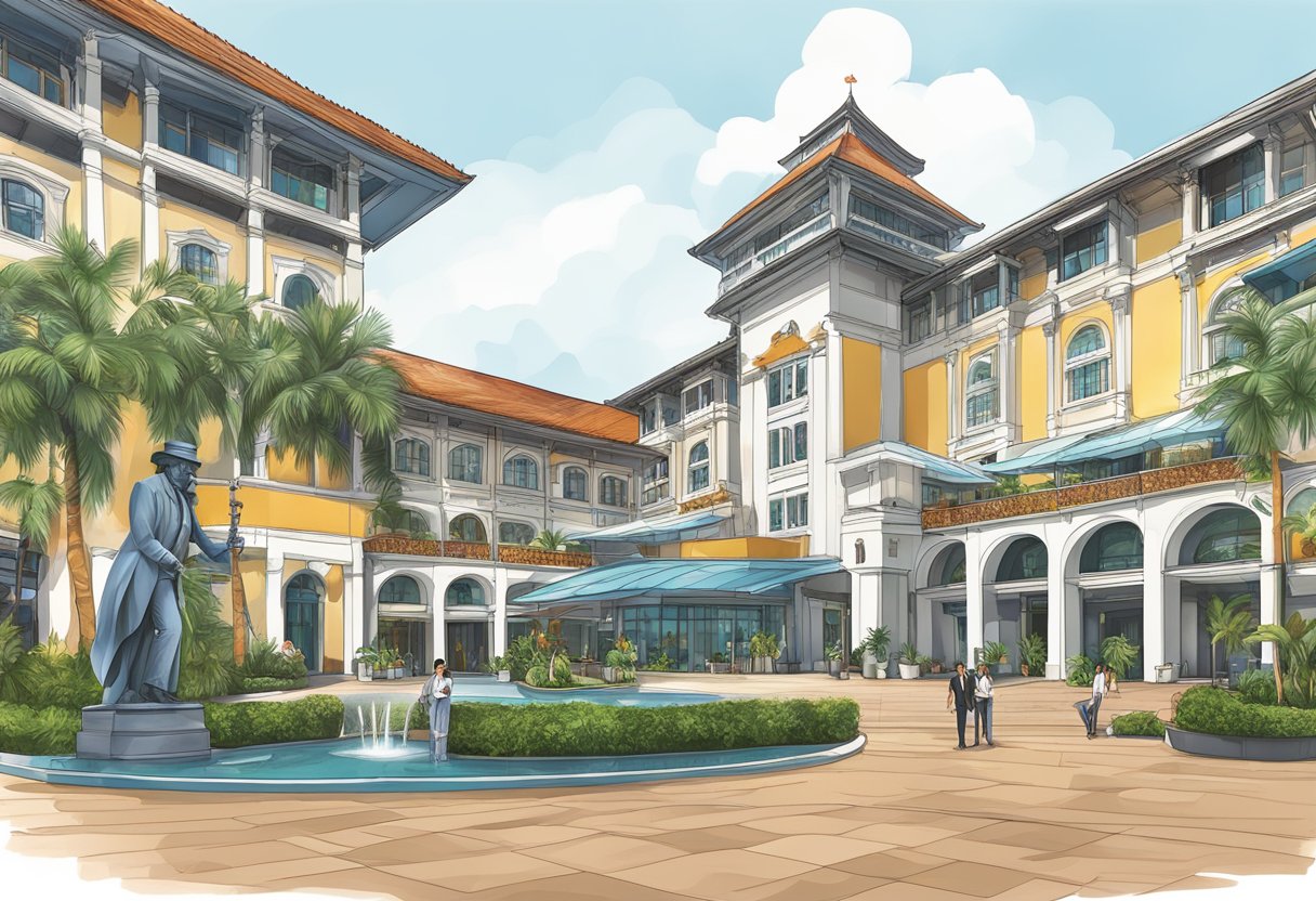 A luxurious hotel at Resorts World Sentosa, Singapore, with the iconic Michael Jackson statue in front