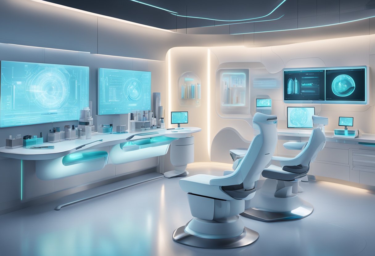 A futuristic laboratory with sleek equipment and glowing screens, showcasing cutting-edge technology at Nu Skin Singapore