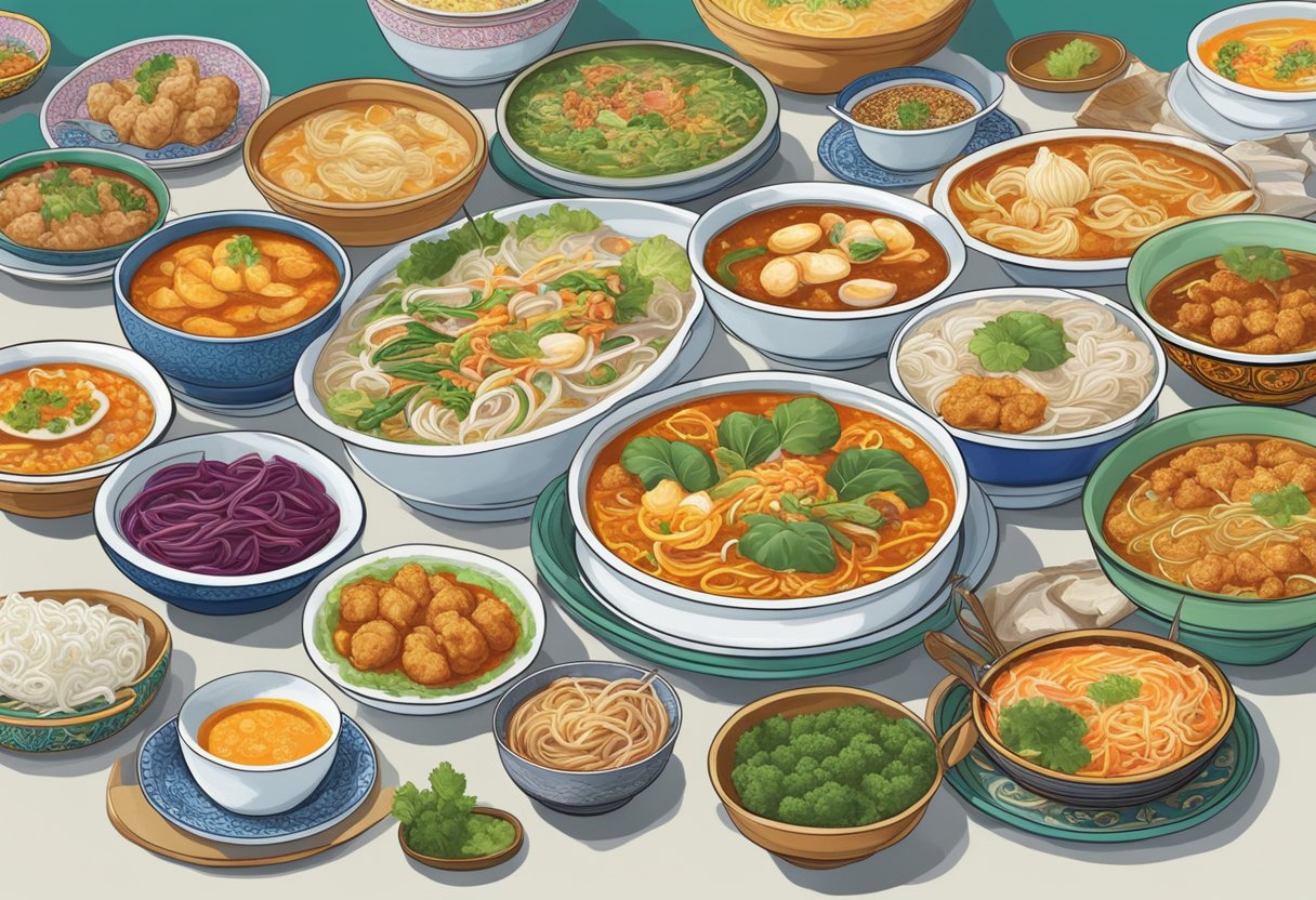 Vibrant Peranakan dishes fill a bustling hawker center, with colorful plates of Nyonya laksa, kueh pie tee, and ayam buah keluak on display