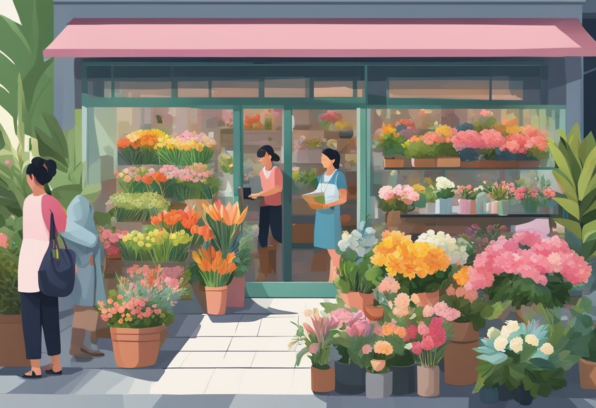 A bustling Singapore flower shop with vibrant blooms and lush greenery, customers browsing and florists arranging bouquets