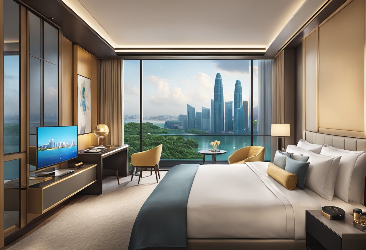 A luxurious hotel room at Resorts World Sentosa, with a comfortable bed, modern amenities, and a stunning view of Singapore's skyline