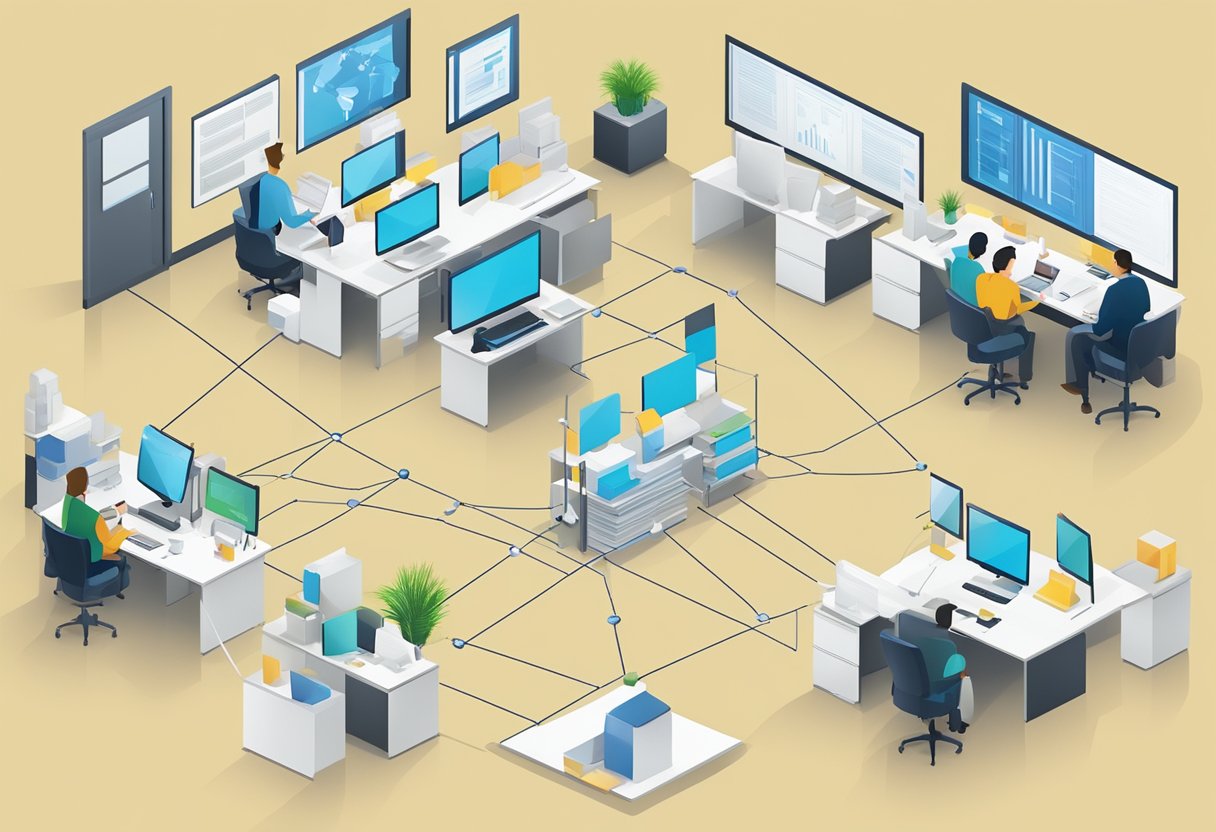 A diagram showing hierarchical levels with clear lines of communication and access to information in a modern office setting