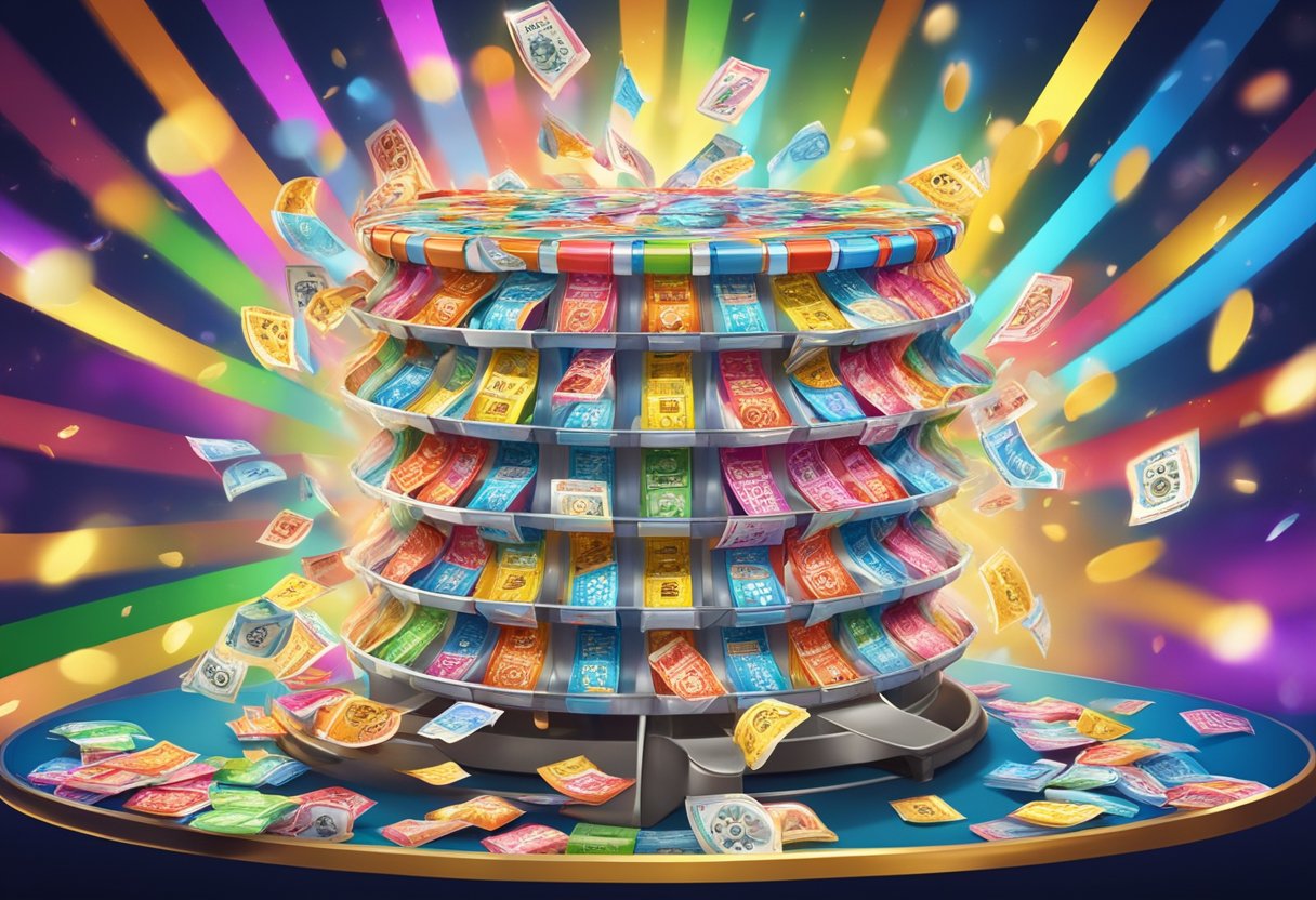 A colorful array of lottery tickets cascading down from a spinning drum, with bright lights and excited onlookers in the background