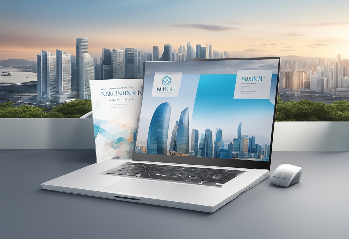 A stack of brochures and a laptop with the Nuskin Singapore website open, surrounded by a backdrop of the city skyline