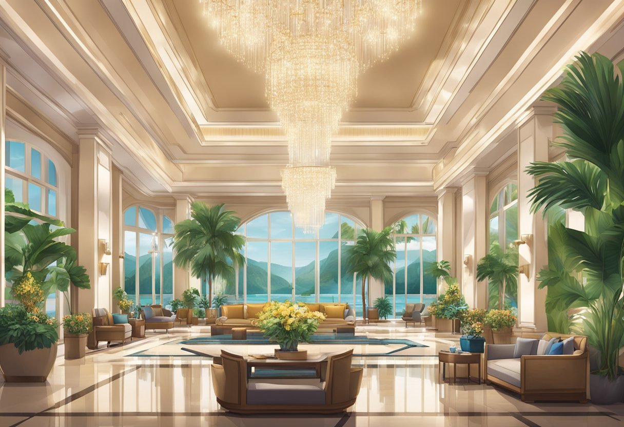 A luxurious hotel lobby with modern decor and a grand chandelier, overlooking a scenic view of the resort's lush gardens and sparkling pool