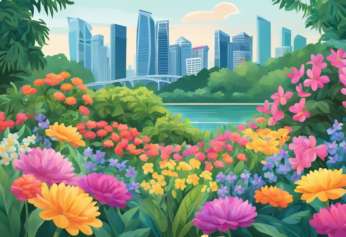 Vibrant flowers bloom in a lush garden, with the iconic skyline of Singapore in the background
