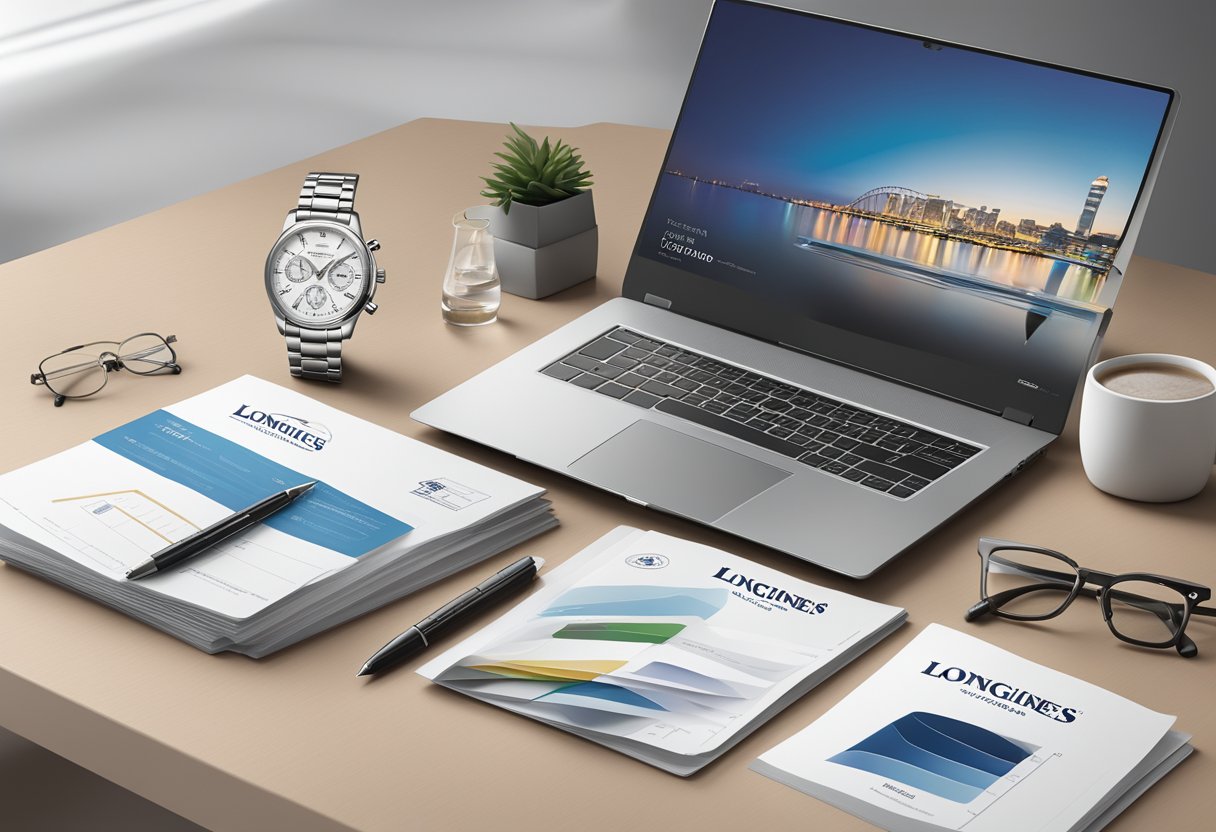 A table with a laptop displaying the Longines Singapore website, surrounded by a stack of brochures and a pen