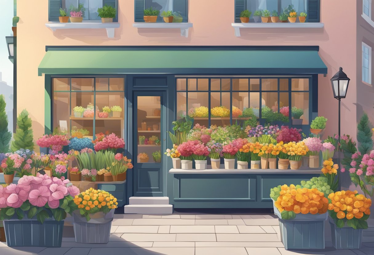 A bustling flower shop with colorful blooms, a counter for orders, and a delivery van parked outside