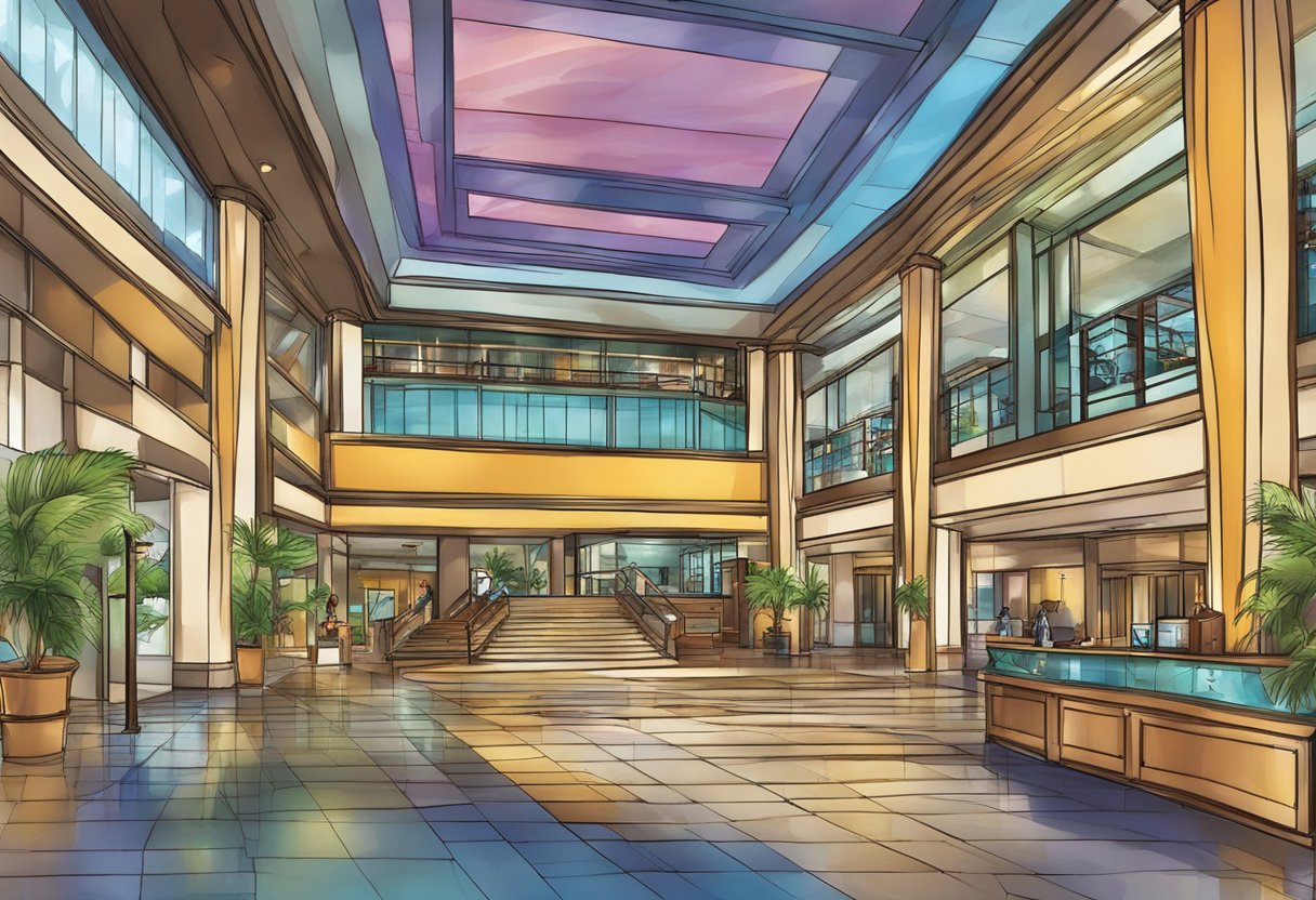 The lobby of Resorts World Sentosa Hotel, Singapore, with a prominent "Frequently Asked Questions" sign