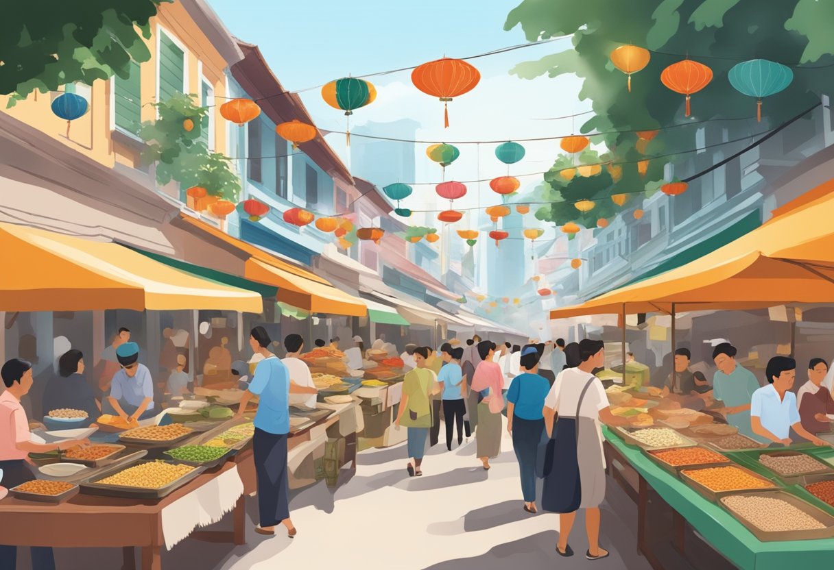 A bustling Peranakan food market in Singapore, with colorful stalls selling traditional dishes and aromatic spices filling the air