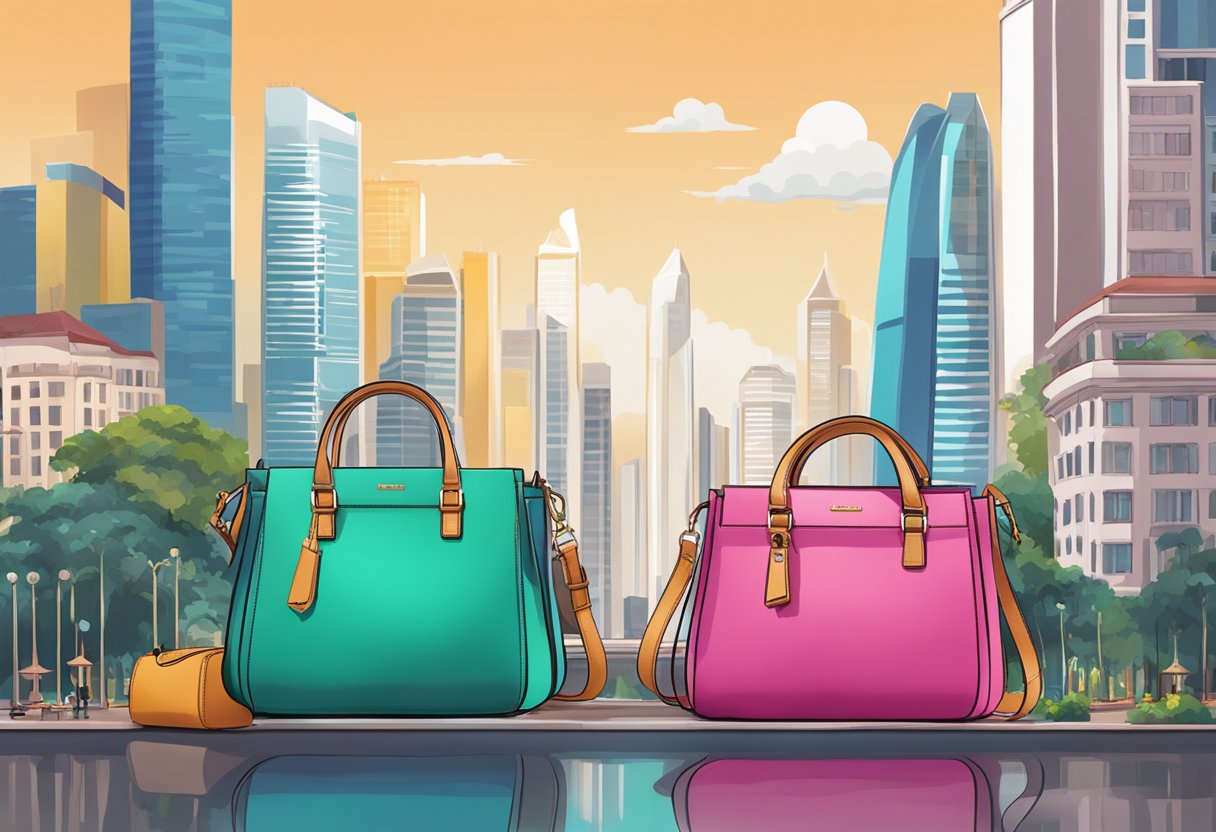 Polène bags displayed against vibrant Singapore cityscape