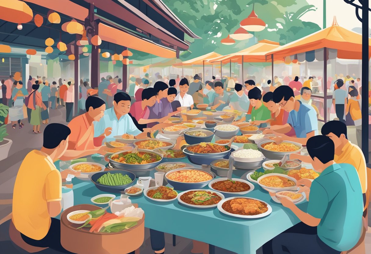 A table set with colorful Peranakan dishes, a bustling hawker center in Singapore, with patrons eagerly sampling the unique cuisine