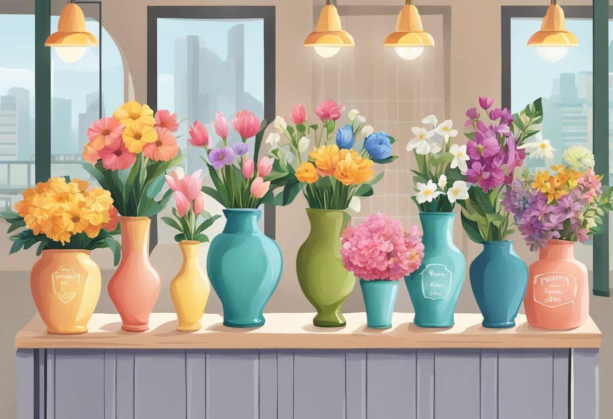 A colorful array of flowers arranged in vases, with a sign reading "Frequently Asked Questions" at a flower shop in Singapore
