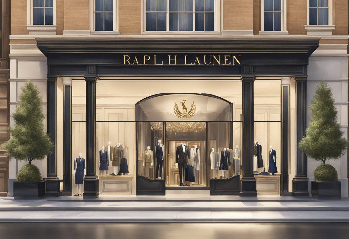 A luxurious storefront with the iconic Ralph Lauren logo displayed prominently. The elegant window displays feature high-end fashion and accessories