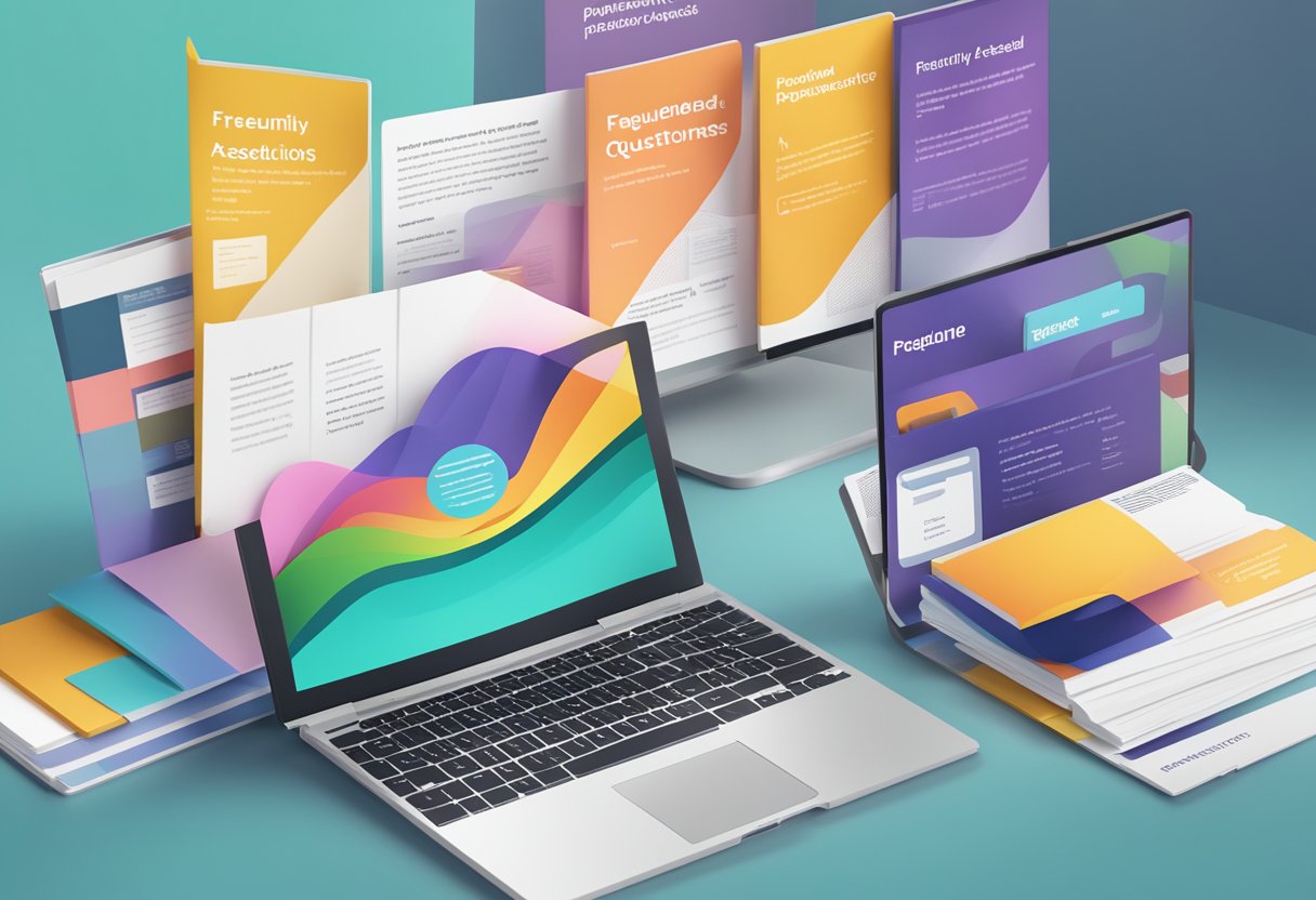 A stack of colorful brochures and a computer screen displaying the "Frequently Asked Questions" page on the Polene Singapore website