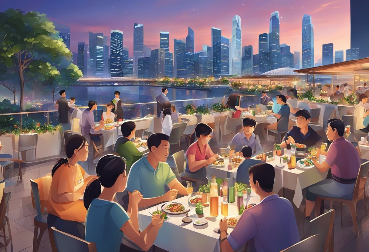A bustling rooftop restaurant in Singapore, with panoramic city views and colorful decor. Patrons enjoy their meals while the city skyline twinkles in the background