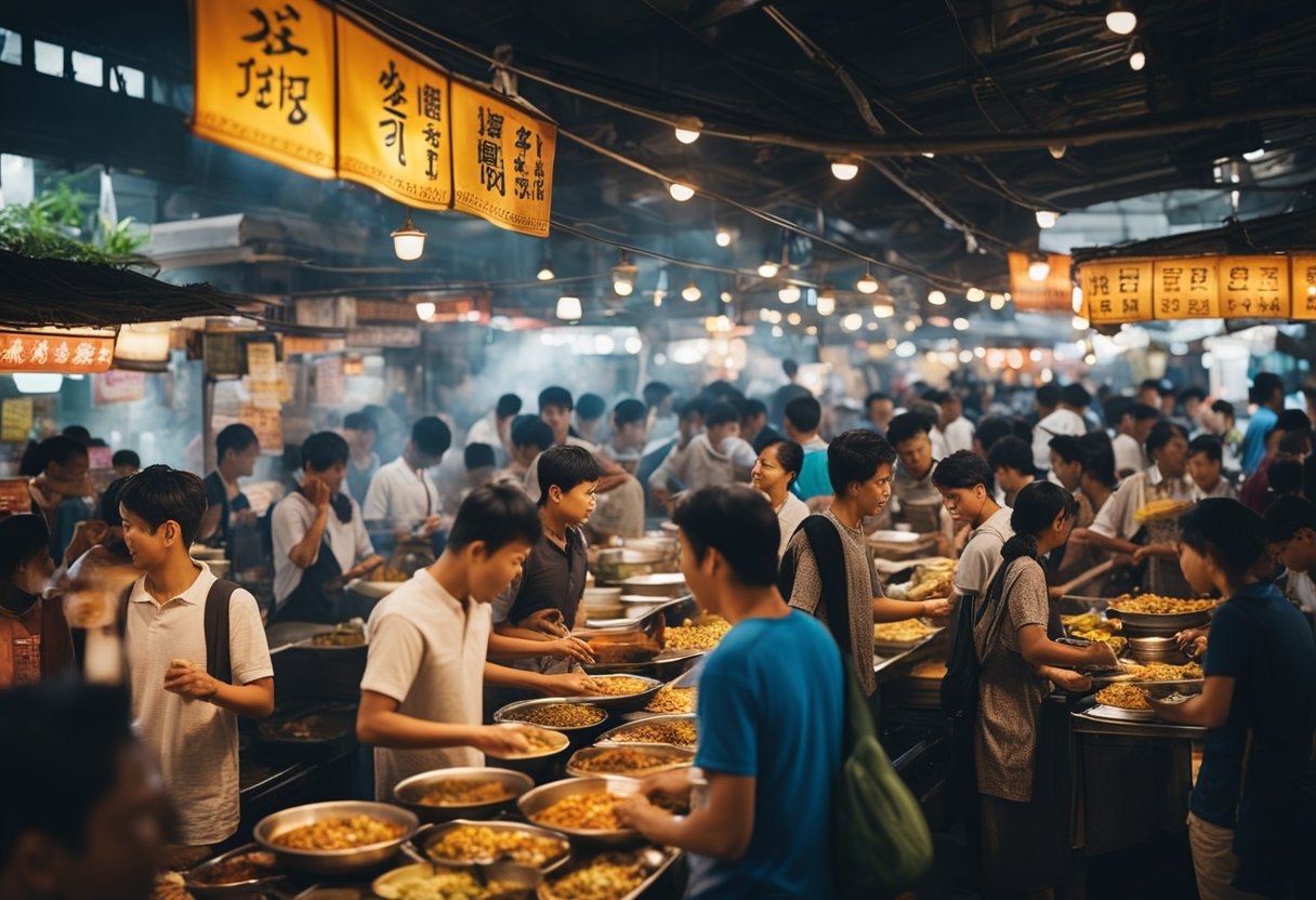 A bustling hawker center with colorful stalls and a crowd of diners enjoying the aroma of sizzling curry fish head